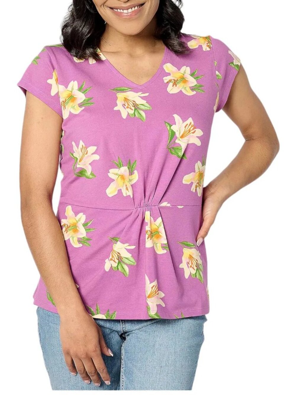 Denim and Co Womens Floral Print V Neck Cap Sleeve Top Womens Medium Wisteria NE